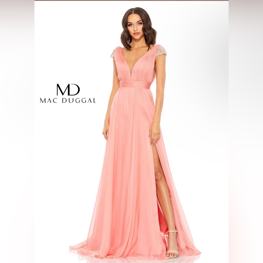 Mac Duggal 67811, Coral Chiffon Rhinestone Embroidered A-Line Gown, Sz 2 /14 - Picture 1 of 7